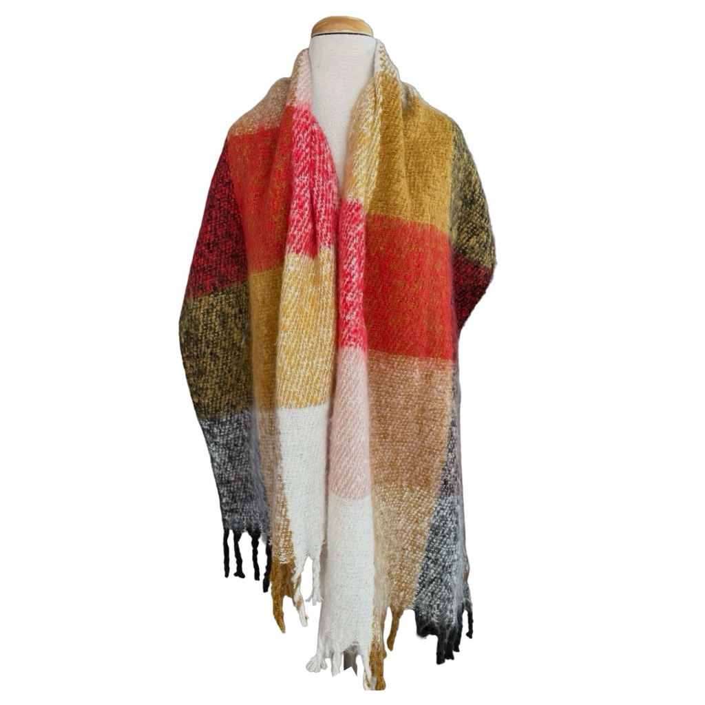 Lucky Brand Multicolor Plaid Winter Scarf 19X 76 Fringes Soft